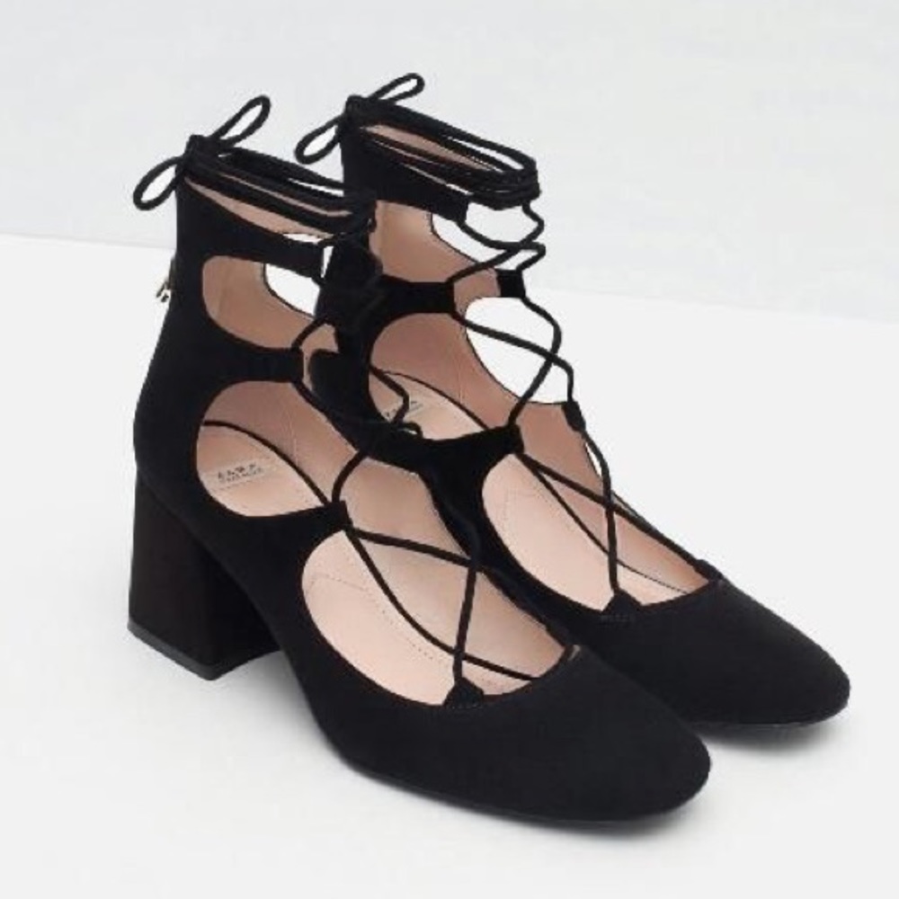 Zara faux suede lace up block heel maryjanes pumps